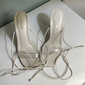 Larroude white leather and vinyl sandals, clear acrylic heel 6.5